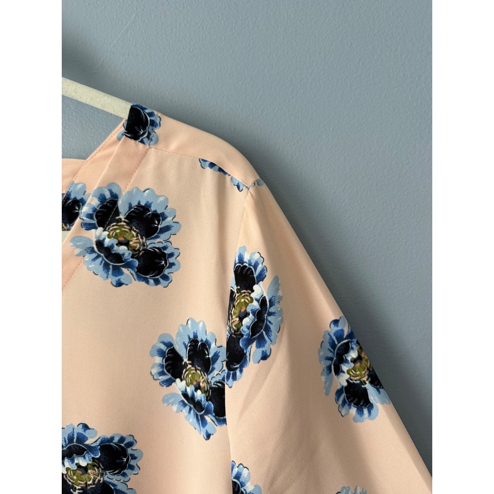 LOFT Blush Pink Blue Floral Long Roll-Tab Sleeve Double V-Neck Boho Size Large - Picture 5 of 10